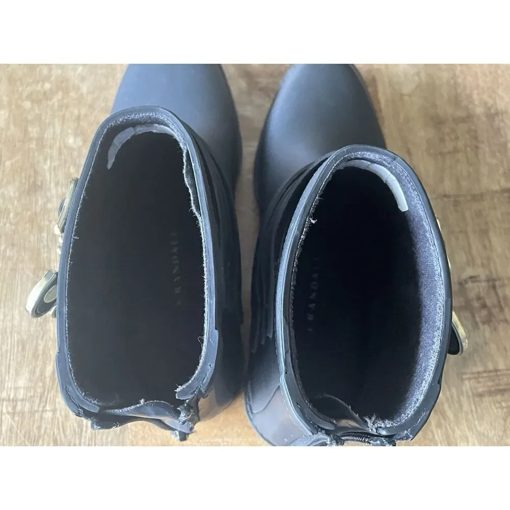 Loeffler Randall Black Rubber Rain Boots Gold Buckle Ankle Size 5